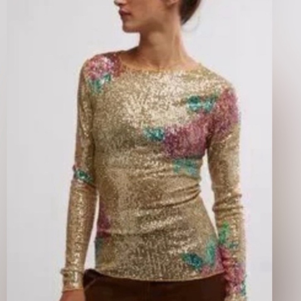 FREE PEOPLE PRINTED GOLD RUSH FLORAL LONG SLEEVE CREW NECK TOP SIZE SMALL NWT